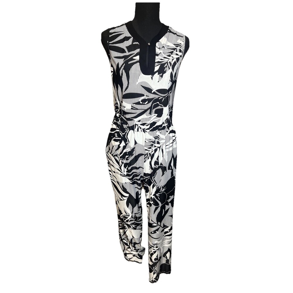 Pierre Cardin Evolution Women’s 28 Jumpsuit Black White Stretch Tropical Casual